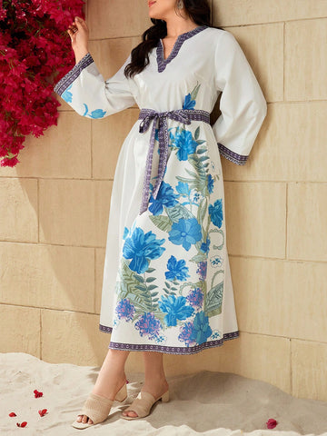 Plus Size Floral Print Notch Neck Dress