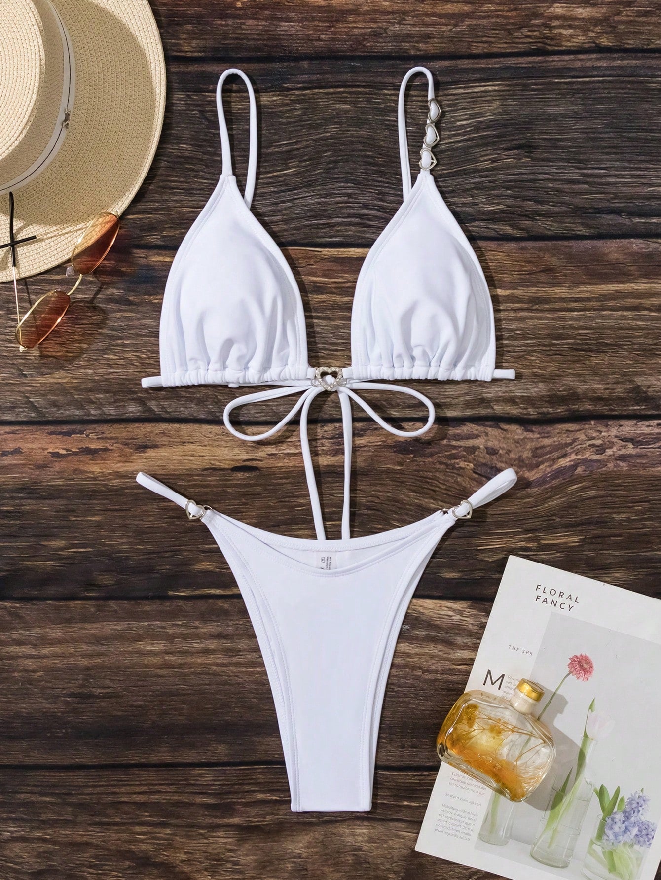 Solid Color V-Neck Bikini With Tie Set