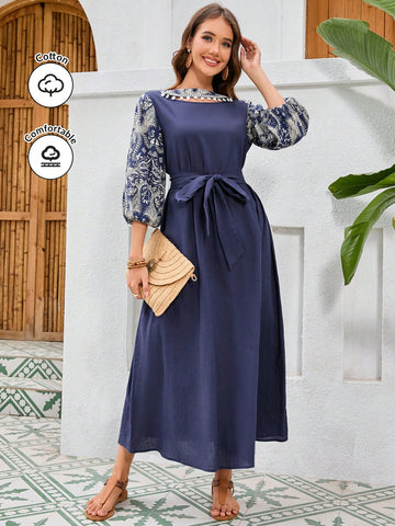 Women's Printed Lantern Sleeve A-Line Dress