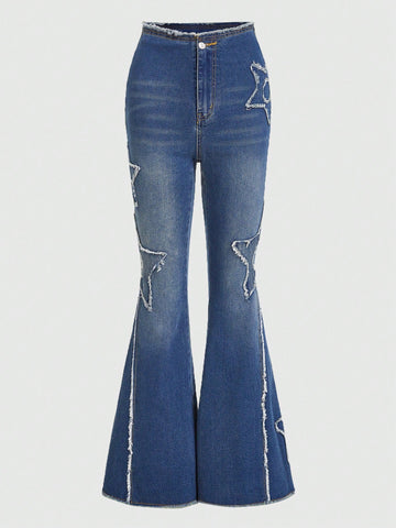 Star Pattern Raw Trim Flare Leg Jeans