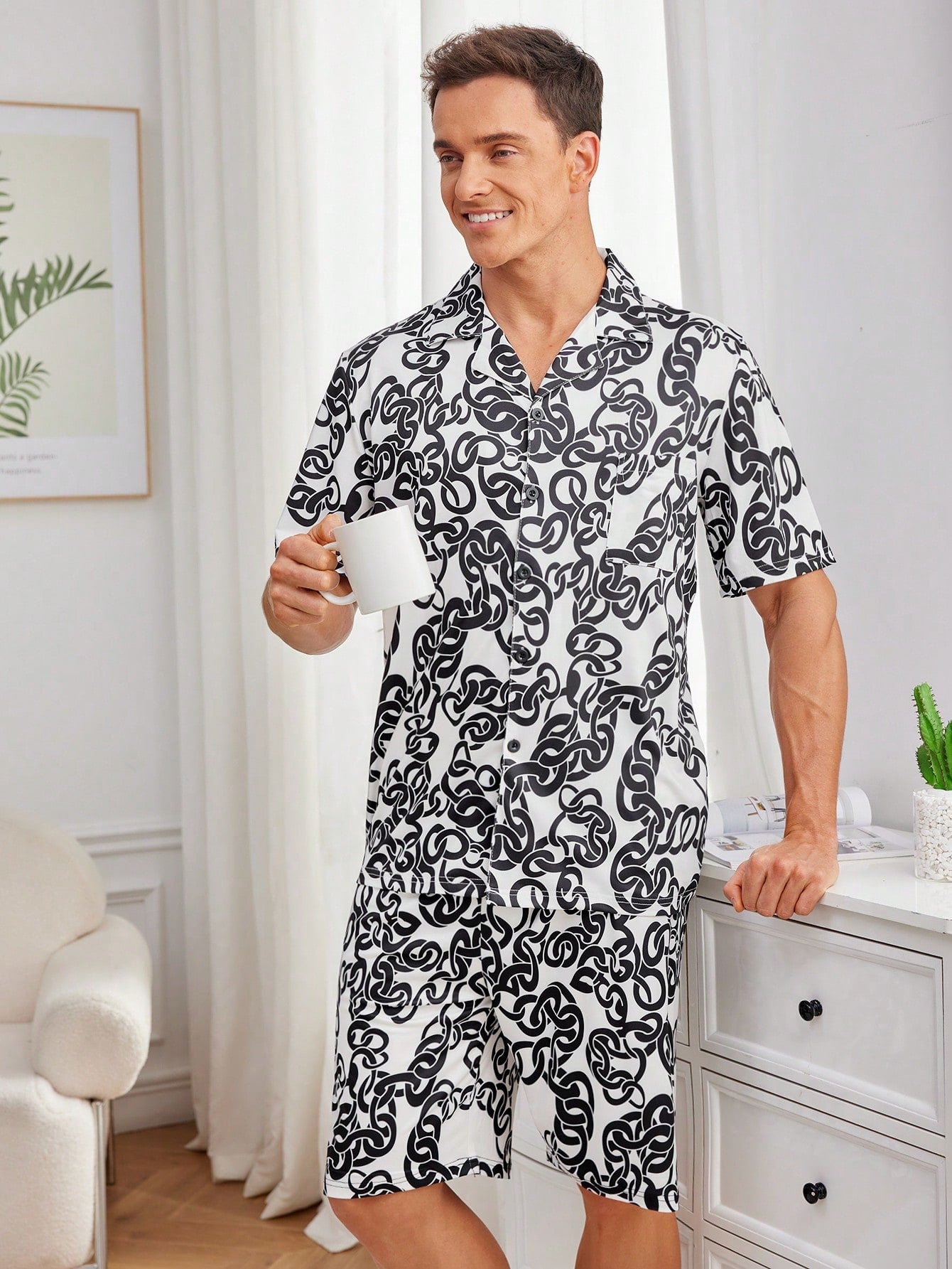 Men's Full Printed Button Down Shirt And Short Home Suit Summer Homewear Set