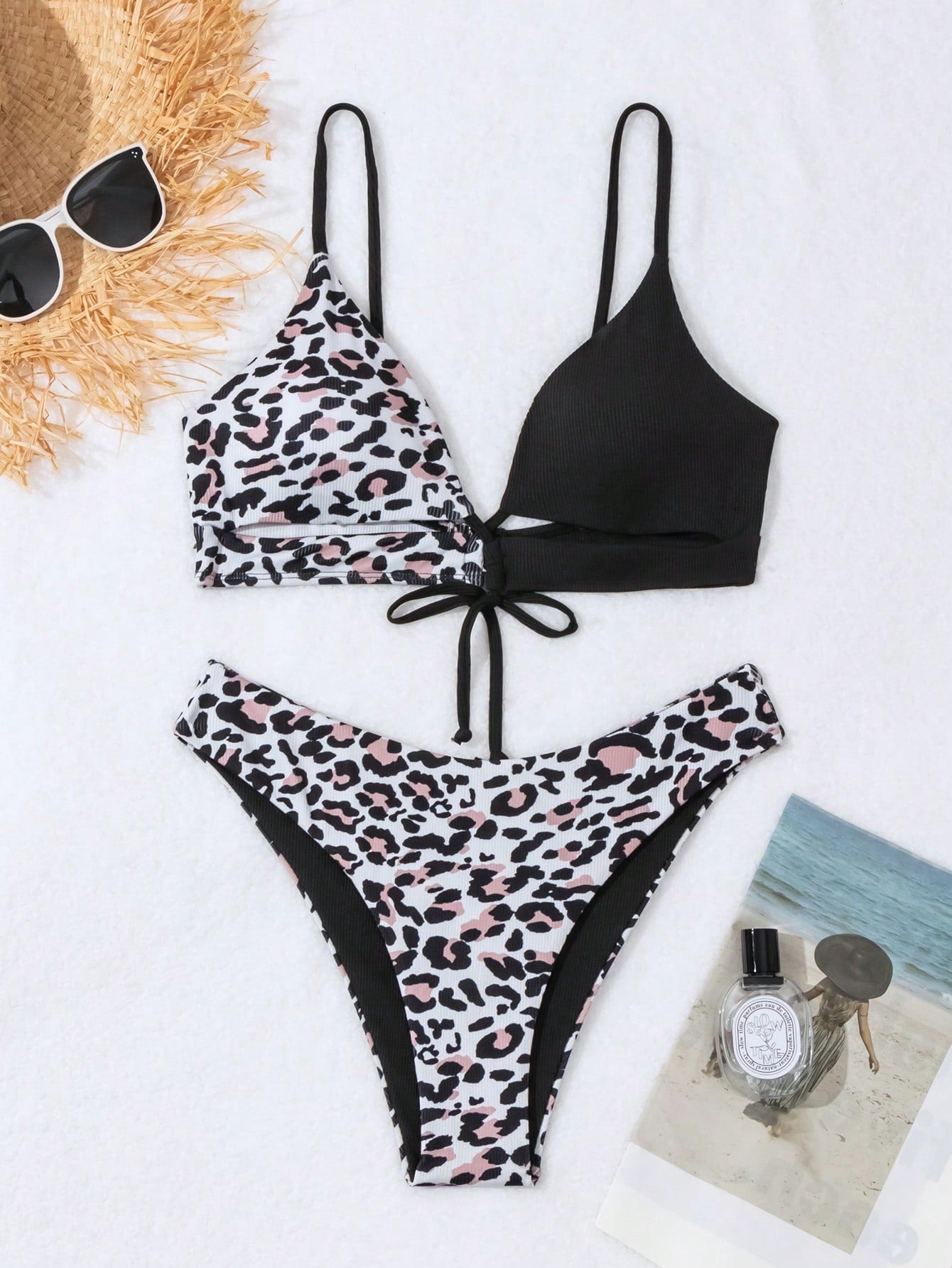 Women's Patterned Spliced Halter Bikini Set With Printed Tie Side Bottoms(Random)