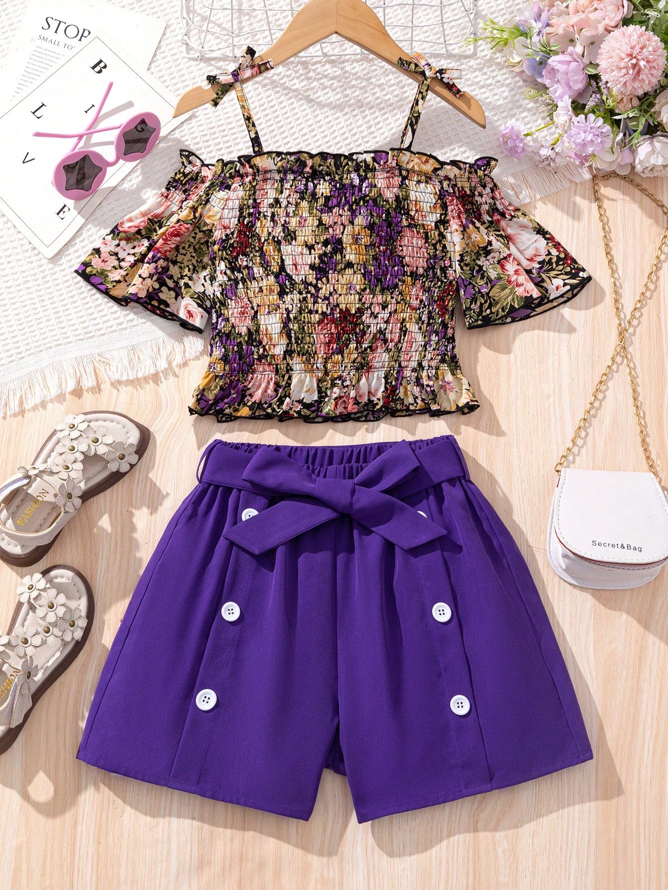 Tween Girl Strapless One Shoulder Ruffled Flower Pattern Top With Detachable Decorative Buckle And Shorts Set