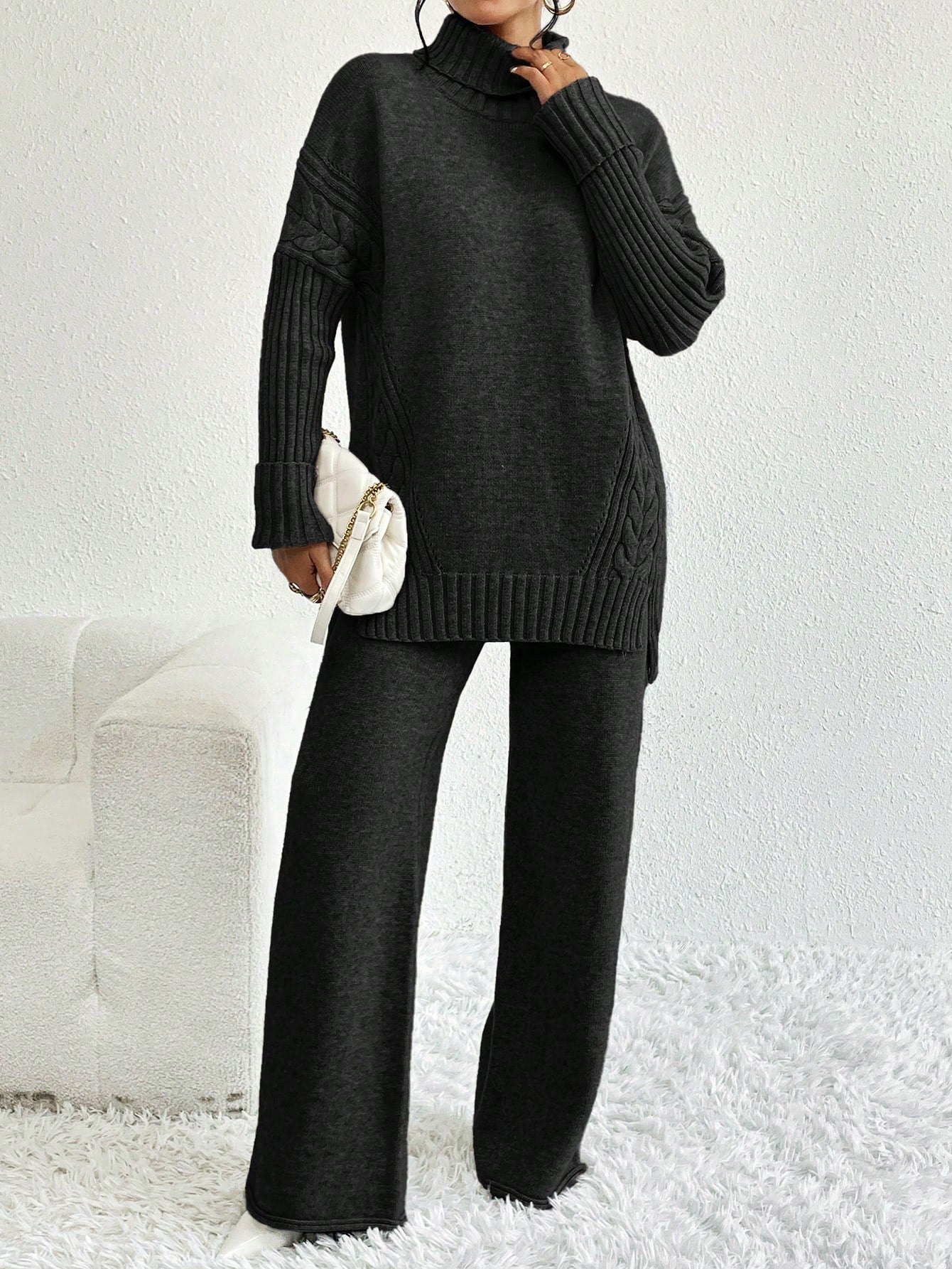 Turtleneck, Dropped Sleeves Sweater And Knitted Pants Two-piece Set