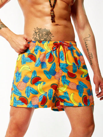 Men's Leaf & Fruit Print Beach Shorts