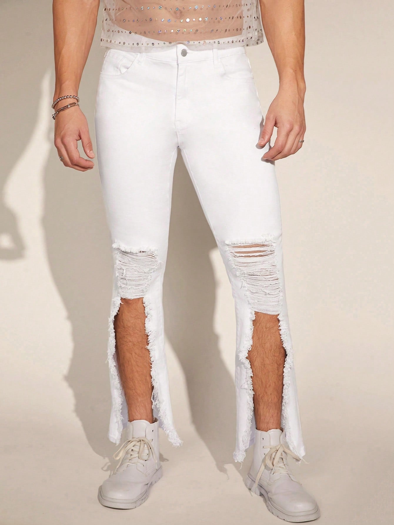 Men's Solid Color Distressed Slit Frayed Hem Skinny Jeans