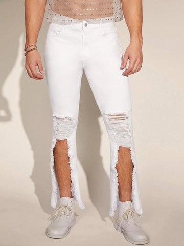 Men's Solid Color Distressed Slit Frayed Hem Skinny Jeans