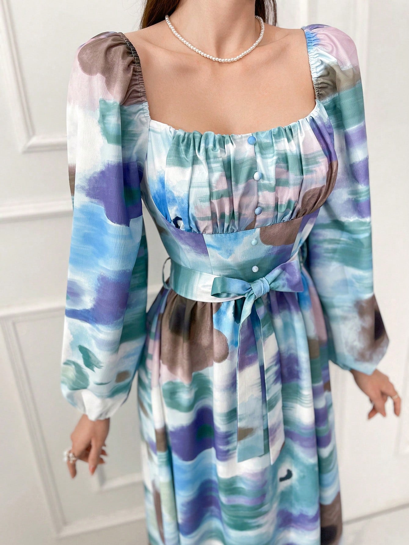 Ladies' Square Neck Tie Dye Pleated Lantern Sleeve Dress