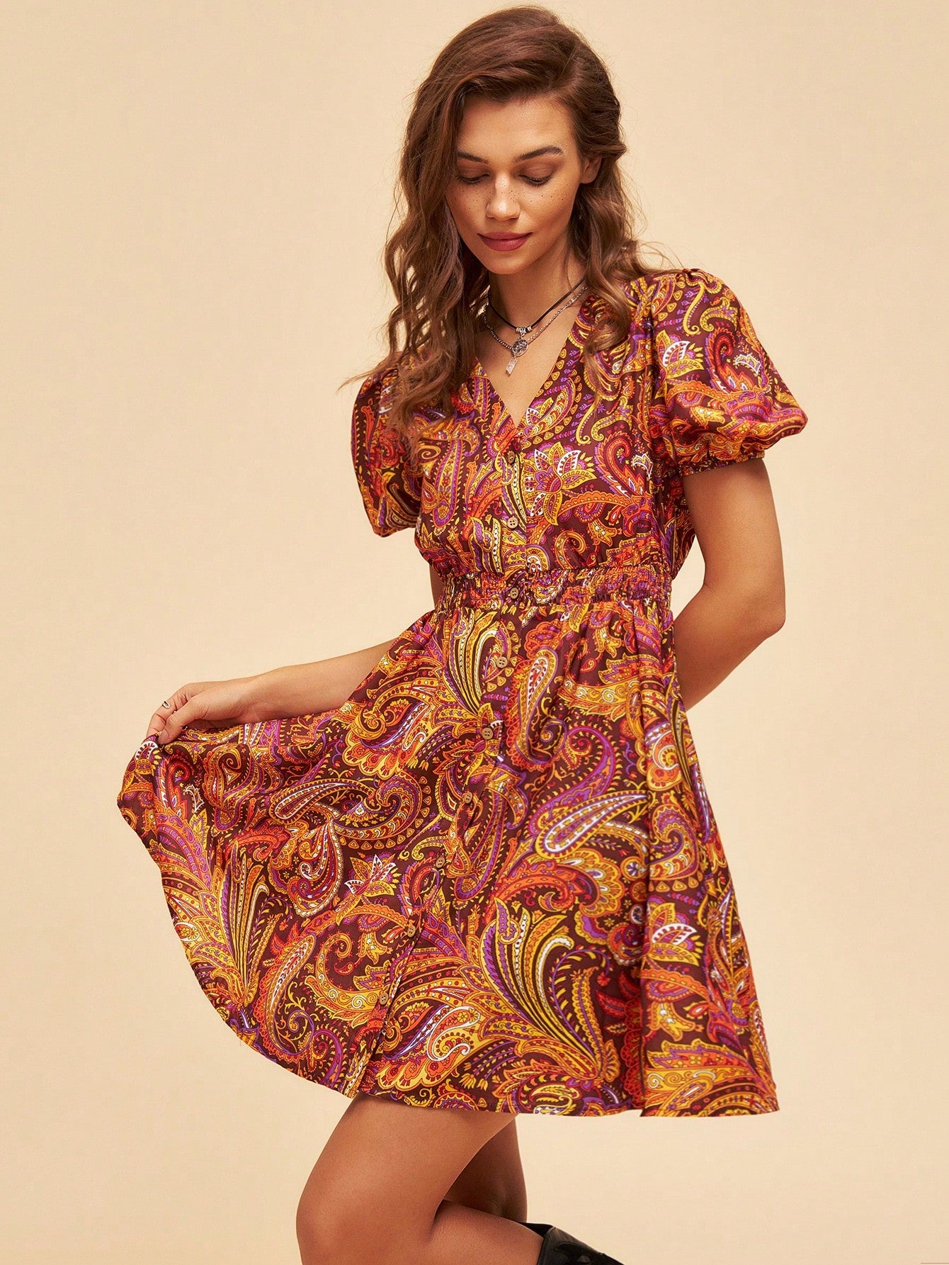 Women's Vacation Style Short Puff Sleeve Dress With Paisley Print