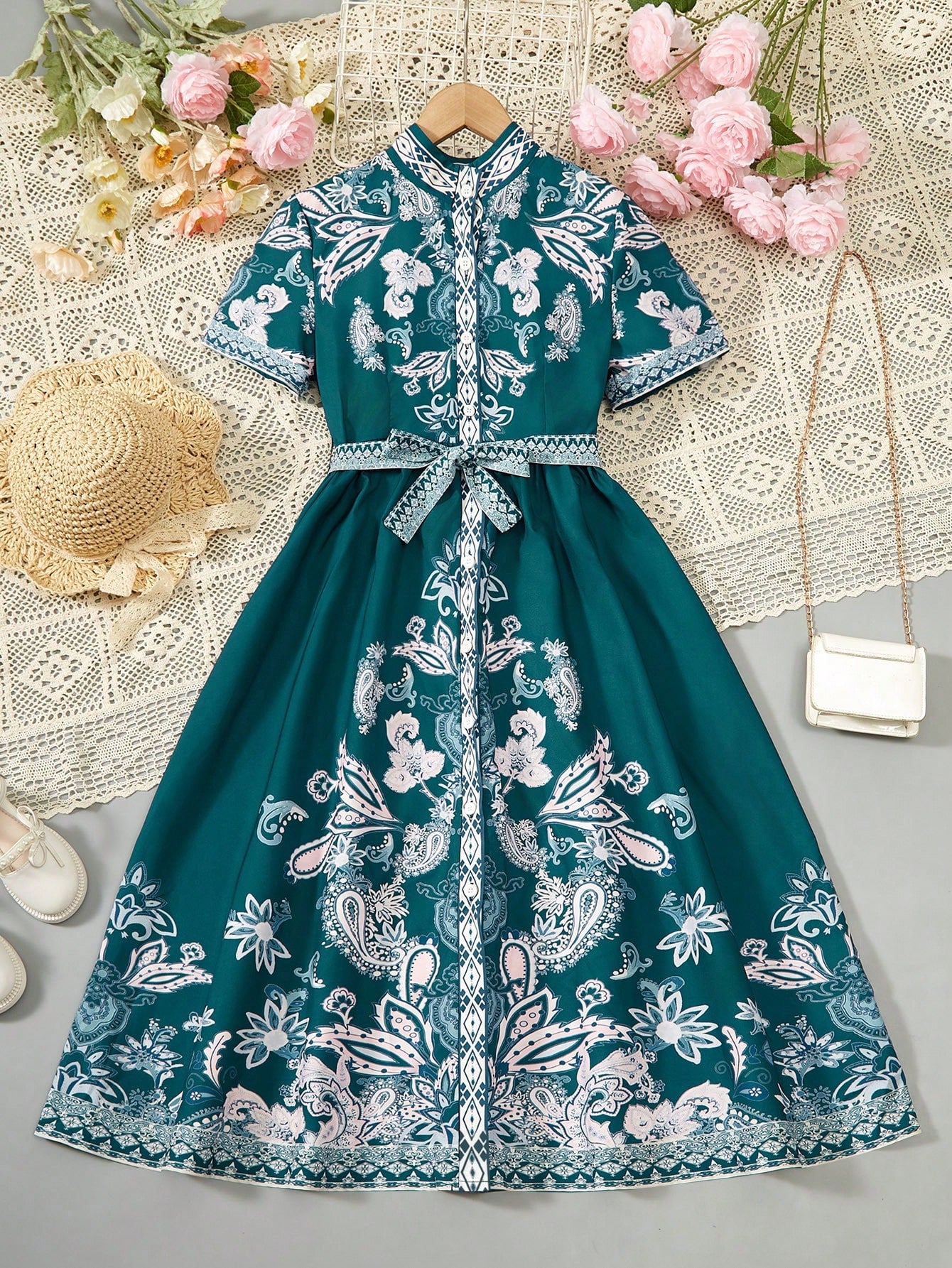 Elegant & Gorgeous Tween Girl's Cashew Pattern Printed A-Line Dress With Single Breasted Closure