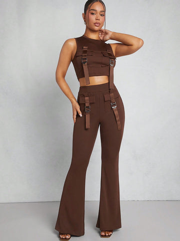 Buckle Strap Pocket Top & Pants Two Piece Set