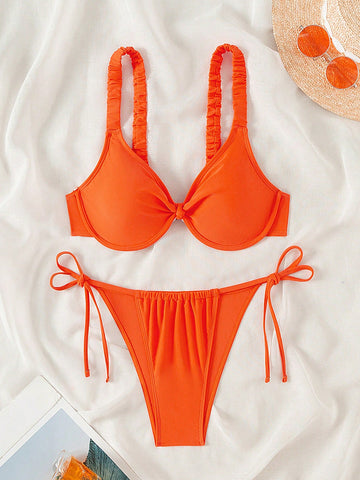 Solid Summer Beach V-Neck Bikini Set Bathing Suit