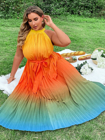 Plus Size Colorful Gradient Pleated Sleeveless Dress