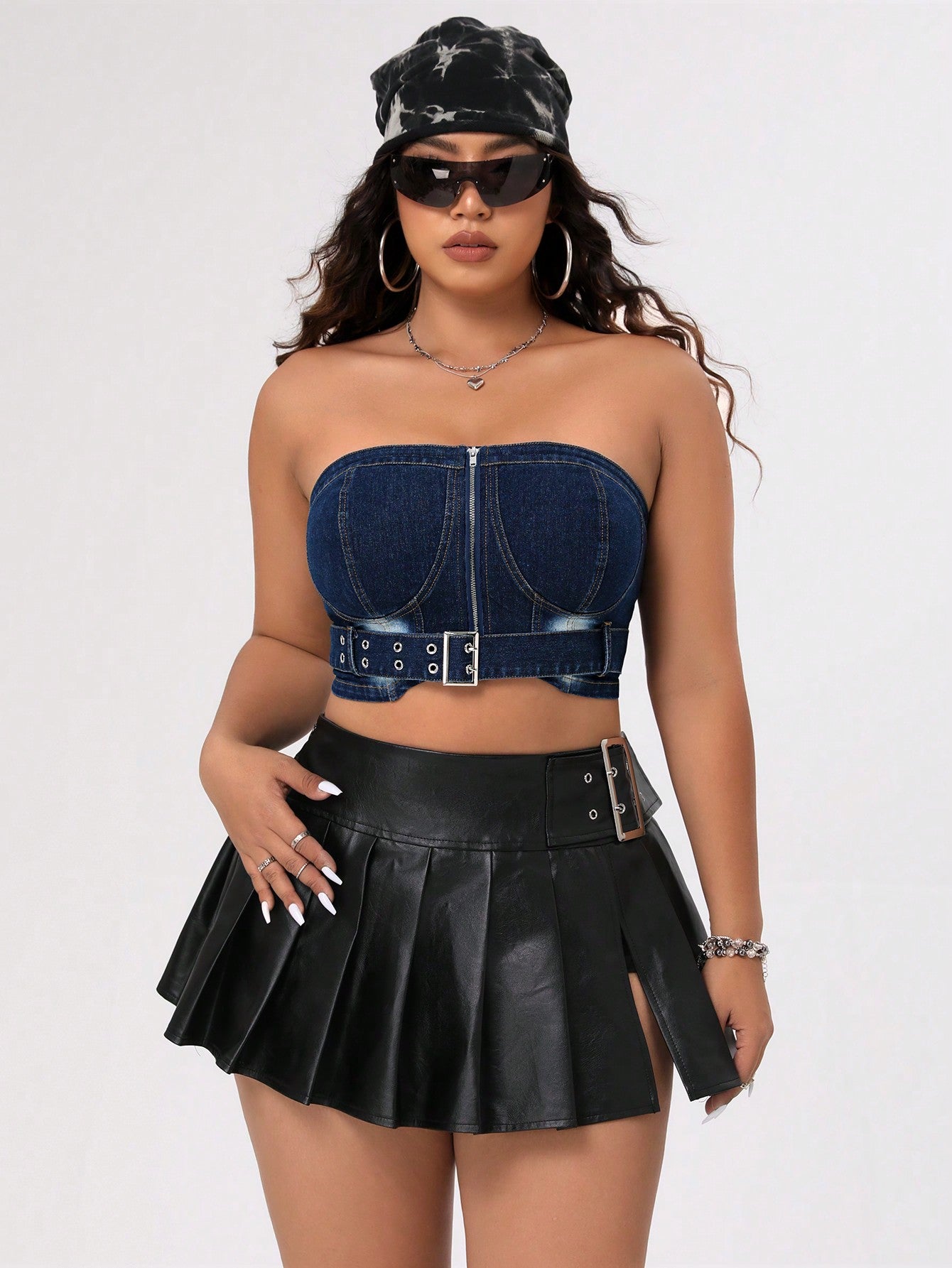 Plus Size Denim Bustier Top With Belted Waist