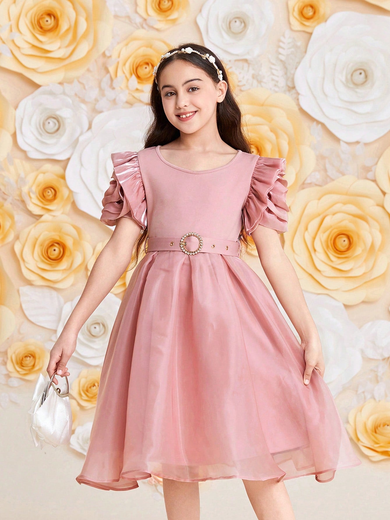 Tween Girls' Elegant Mesh Embroidered 3d Flower Sleeves Short Sleeve Midi Dress