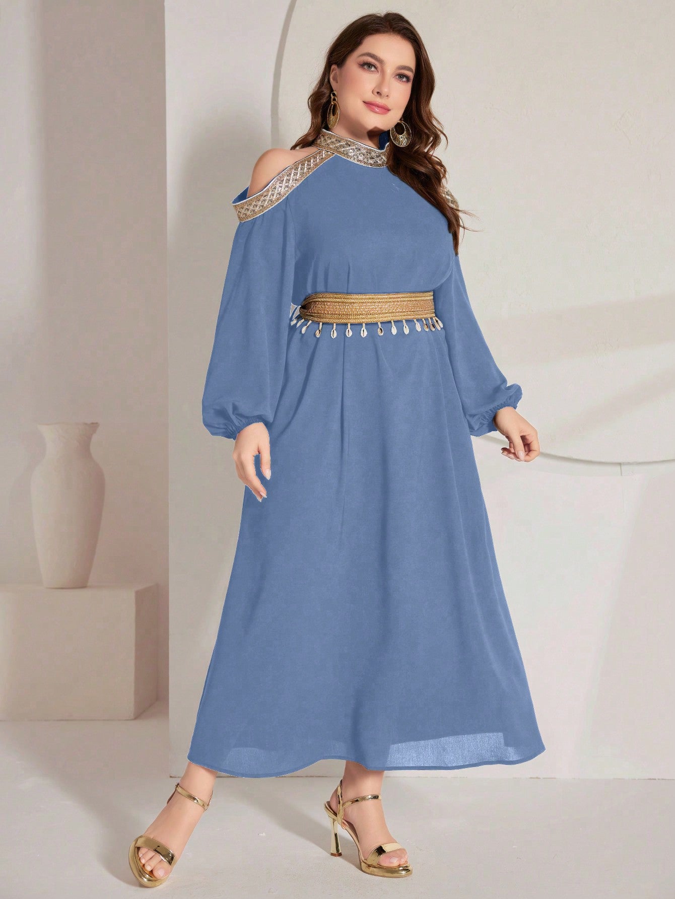 Plus Size Open Shoulder Stand Collar Dress With Woven Belt And Shell Embellishments