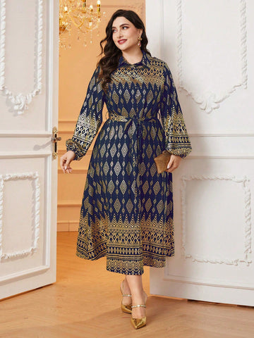 Plus Size Women's Lantern Sleeve Dress With Geometric Gold Foil Print