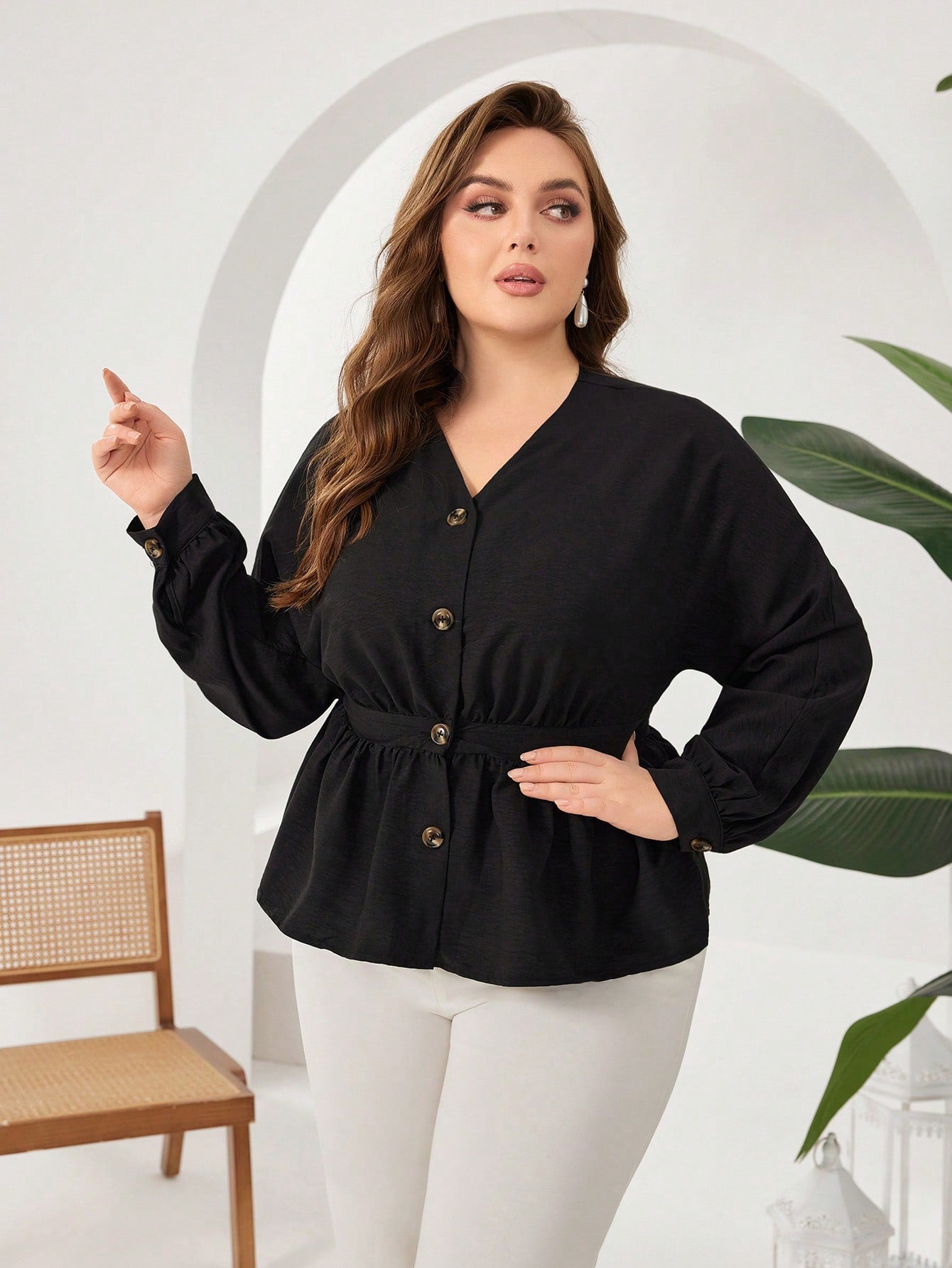 Women's Plus Size Single-Breasted Long Sleeve Fashionable Shirt