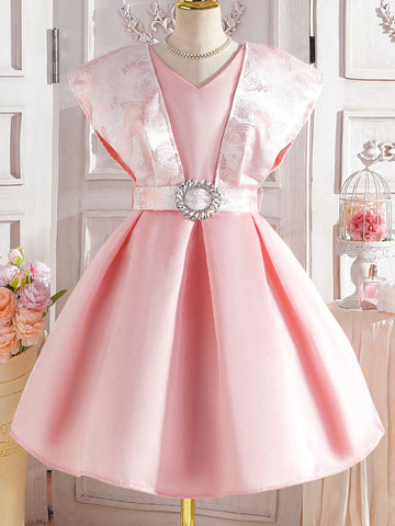 Tween Girls' Elegant Dress With Flower Embroidery And Waistbelt