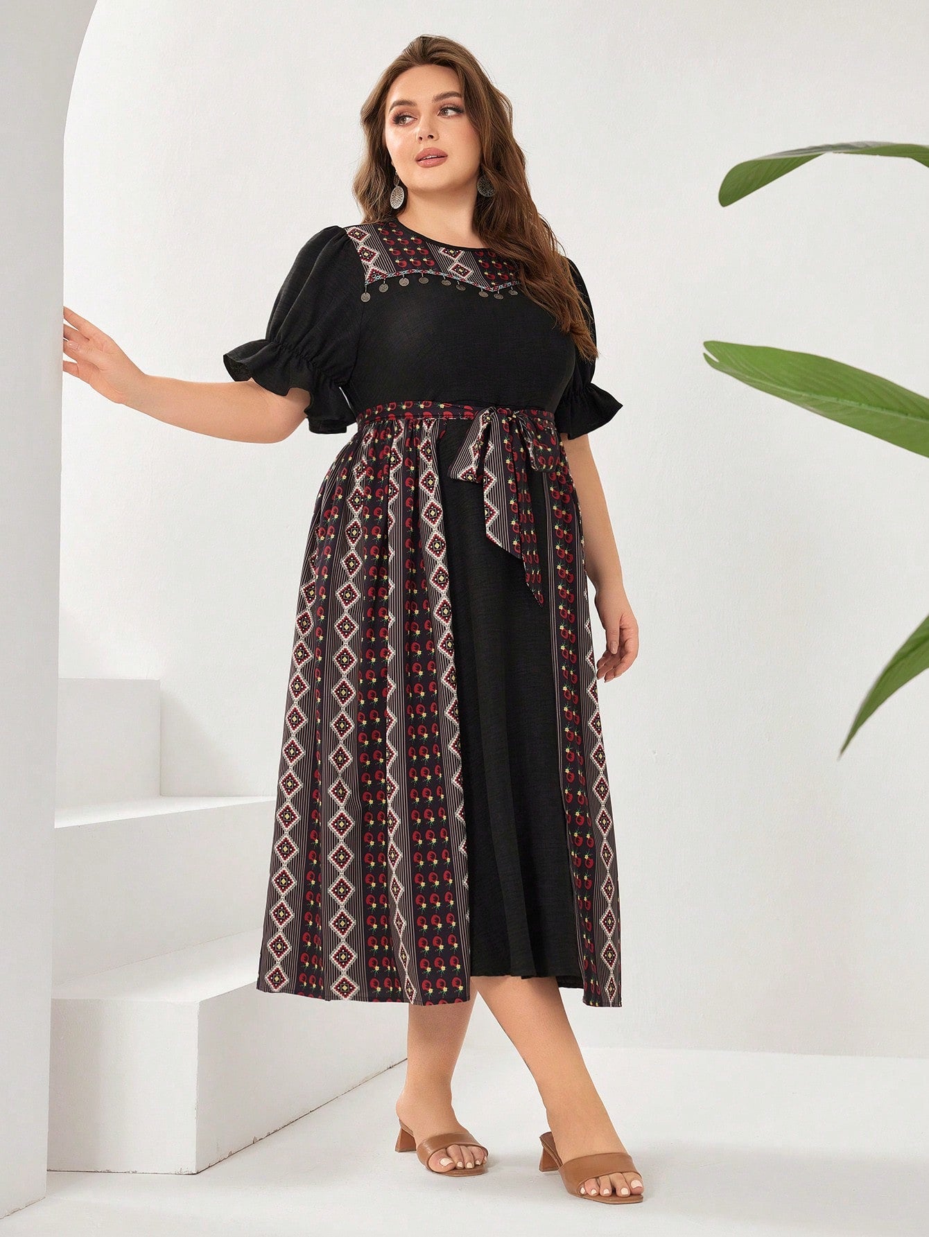 Plus Size Random Printed Ruffle Sleeve Arabic Clothing