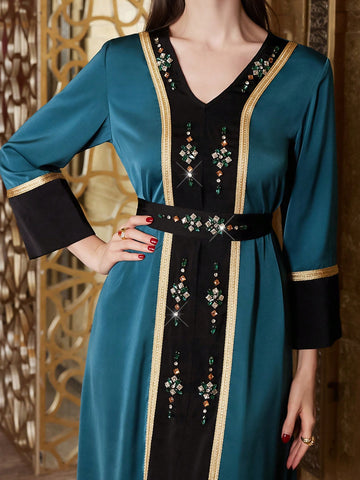 Women's Color-Block Long Sleeve Dress With Rhinestone Decoration In Arabic Style