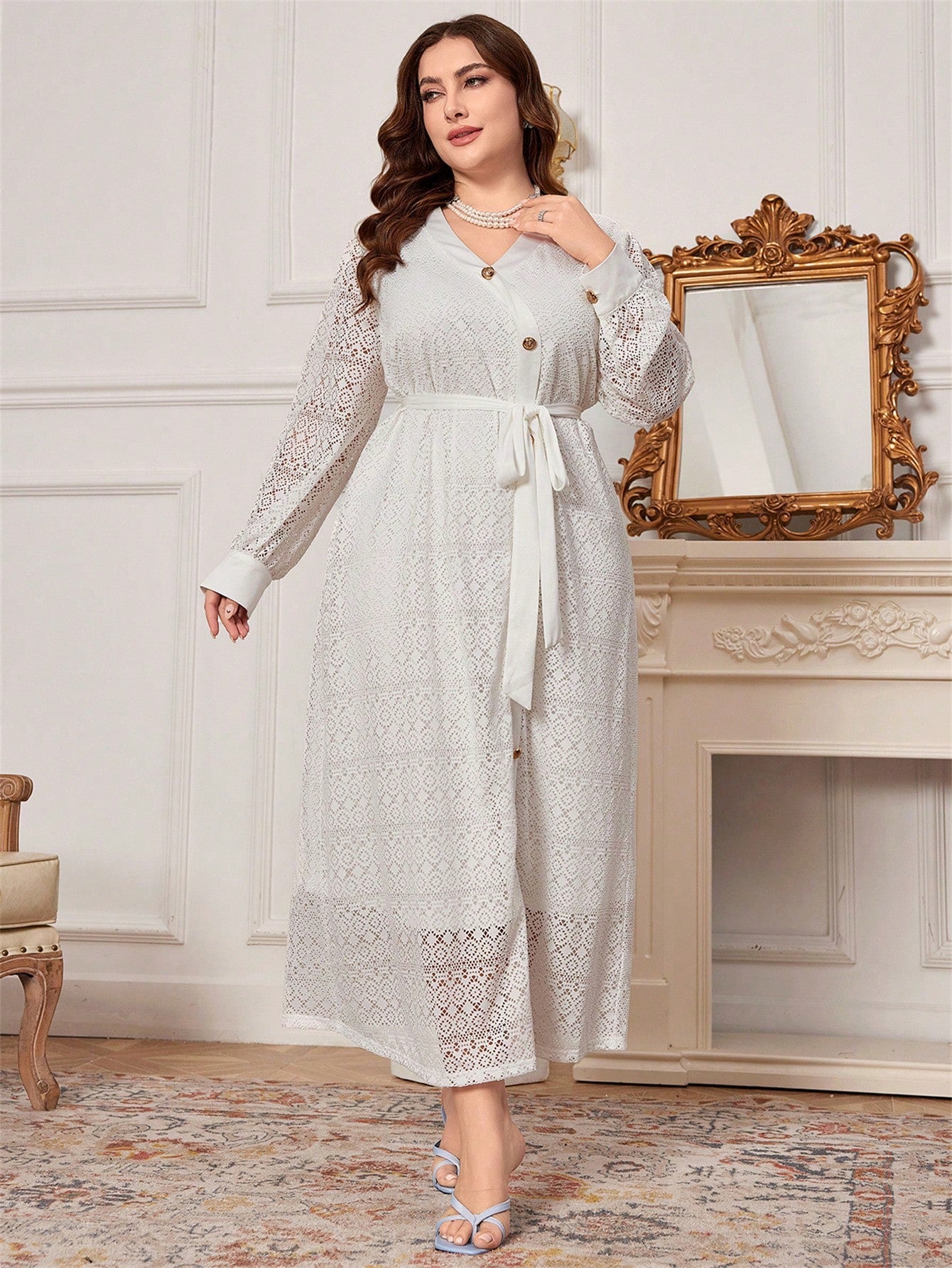 Plus Size Solid Color Hollow Out Jacquard Fashion Dress