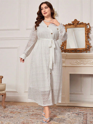 Plus Size Solid Color Hollow Out Jacquard Fashion Dress