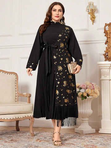 Plus Size Random Gold Printing Floral Sash & Stand Collar & Fringed Hem Splice Dress