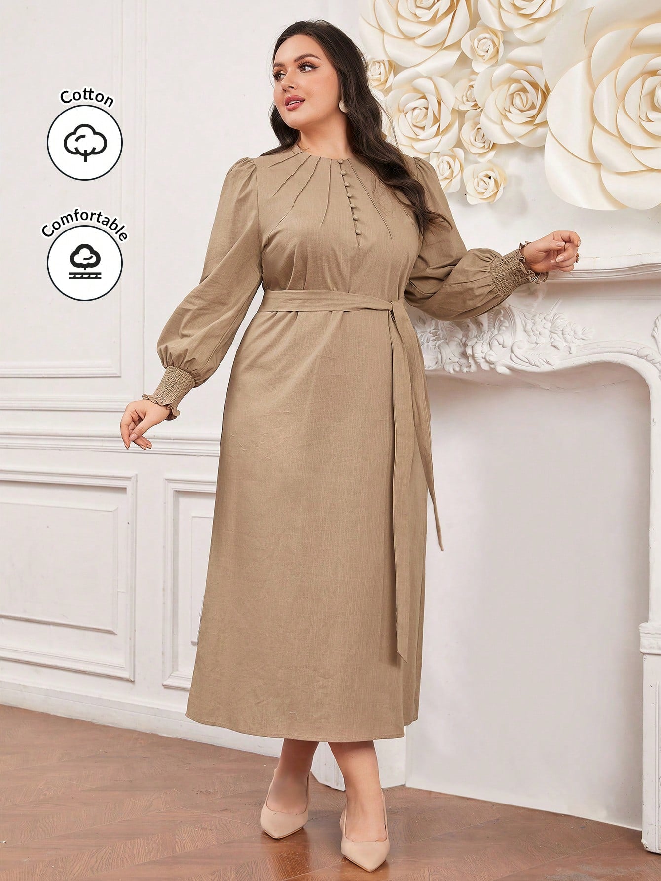 Plus Size Lantern Sleeve Button Front Belted Midi Dress With Pockets