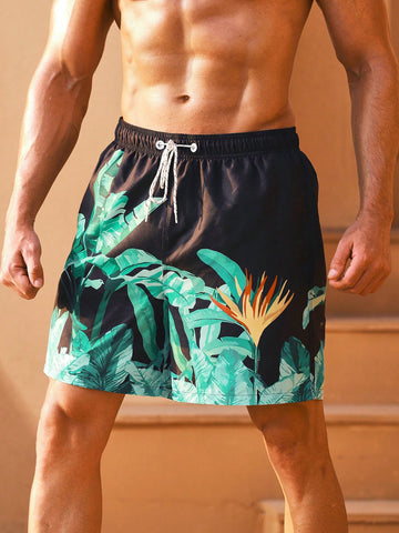 Men's Botanical Print Elastic Waist Beach Shorts