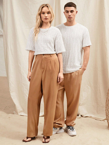 Woven Casual Solid Color Pleated Slant Pocket Straight Trousers