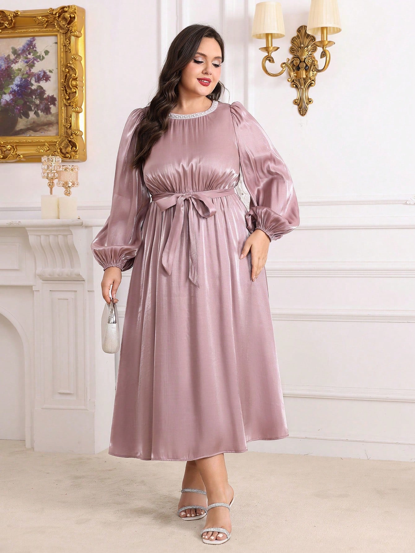 Plus Size Women's Round Neck Lantern Sleeve Dress, Wedding Guest Dress