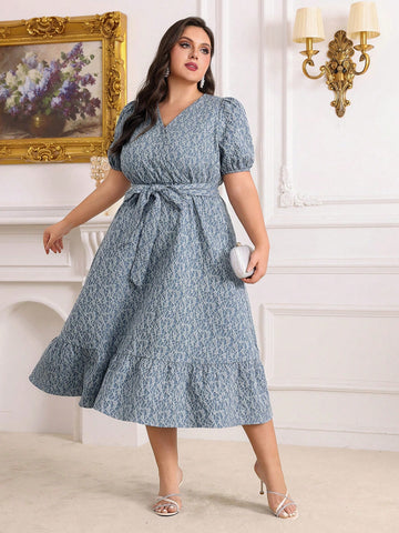 Plus Size Floral Printed V-Neckline Dress With Cinched Waist, Puff Sleeve And Ruffled Hem