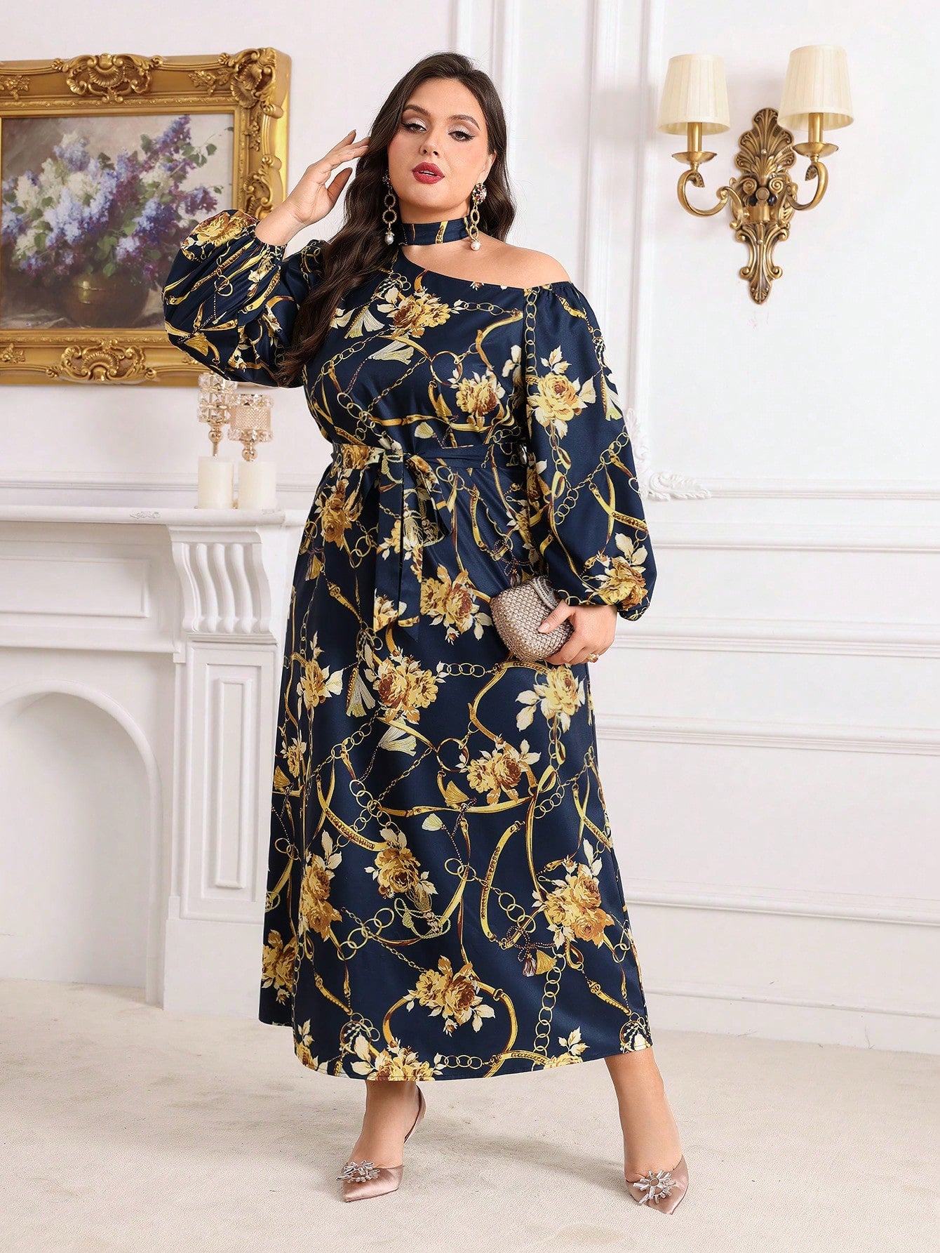 Plus Size Floral Printed Asymmetrical Collar Lantern Sleeve Dress