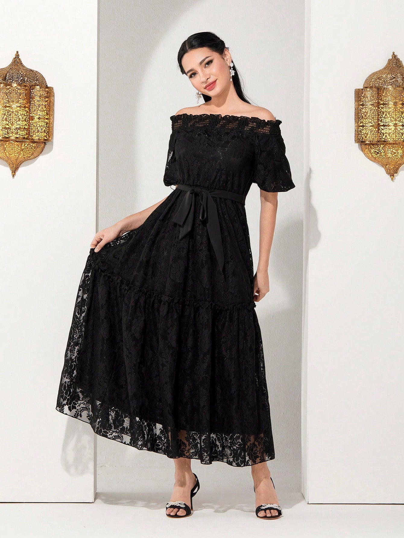 Ladies' Solid Color Lace One Shoulder Dress