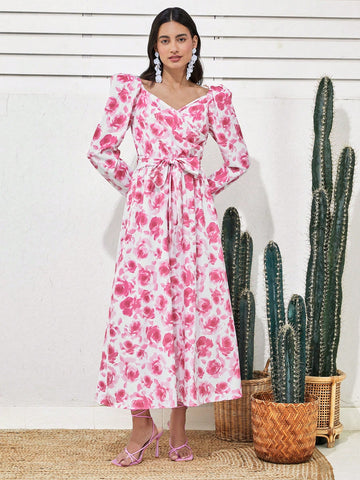 Women'S Floral Print Leg-Of-Mutton Sleeve Dress