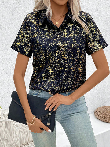 Gold Foil Print Casual Short Sleeve Shirt