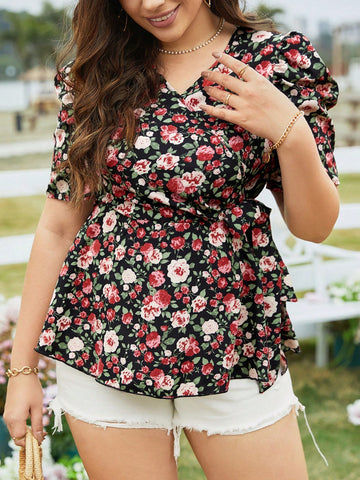 Plus Size Floral Print V-Neck Wrap Short Sleeve Blouse