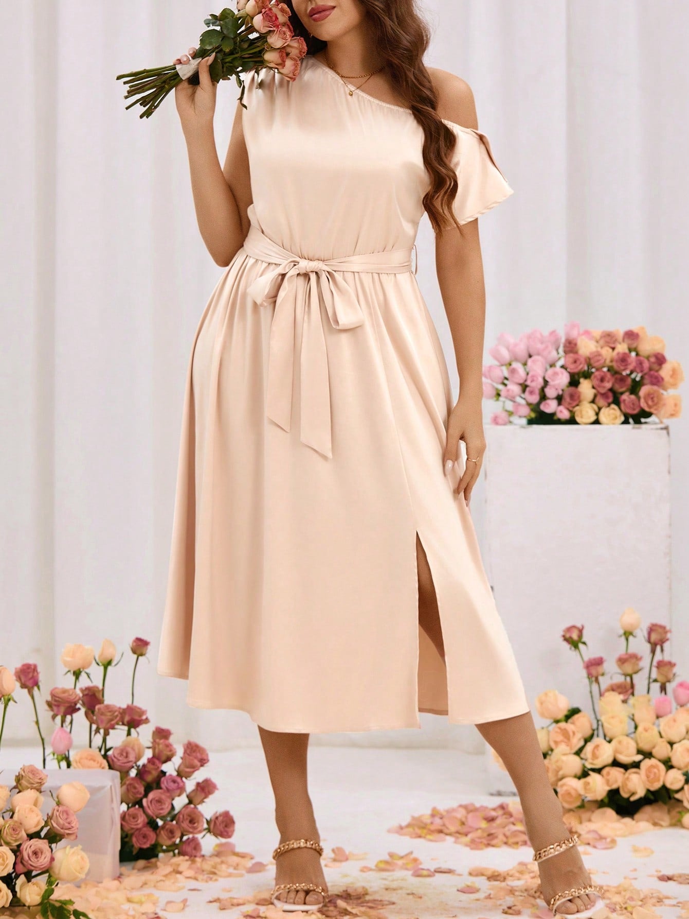 Plus Size Solid Color Asymmetrical Collar Split Hem Dress