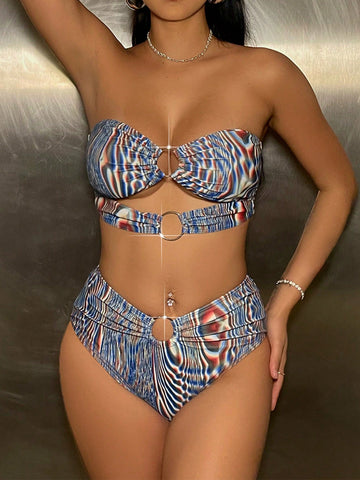 Holographic Print Bikini Set With Circular Detailing And Strapless Top, Bandeau Swimsuit Bathing Suit Beach Outfit Music Festival Summer Vacation