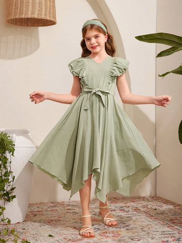 Tween Girls' Casual And Daily Wear Spring/Summer Solid Color Woven V-Neck Long Dress With Ruffle Hem