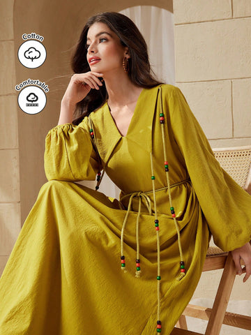 Lantern Sleeve Dress With Wooden Bead Decor For Women