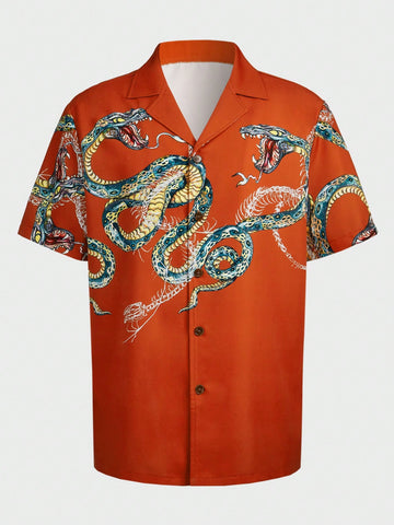 Men's Snake Print Color Block Collar Short Sleeve Shirt