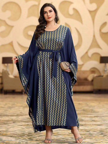 Plus Size Printed Patchwork Batwing Sleeve Dress