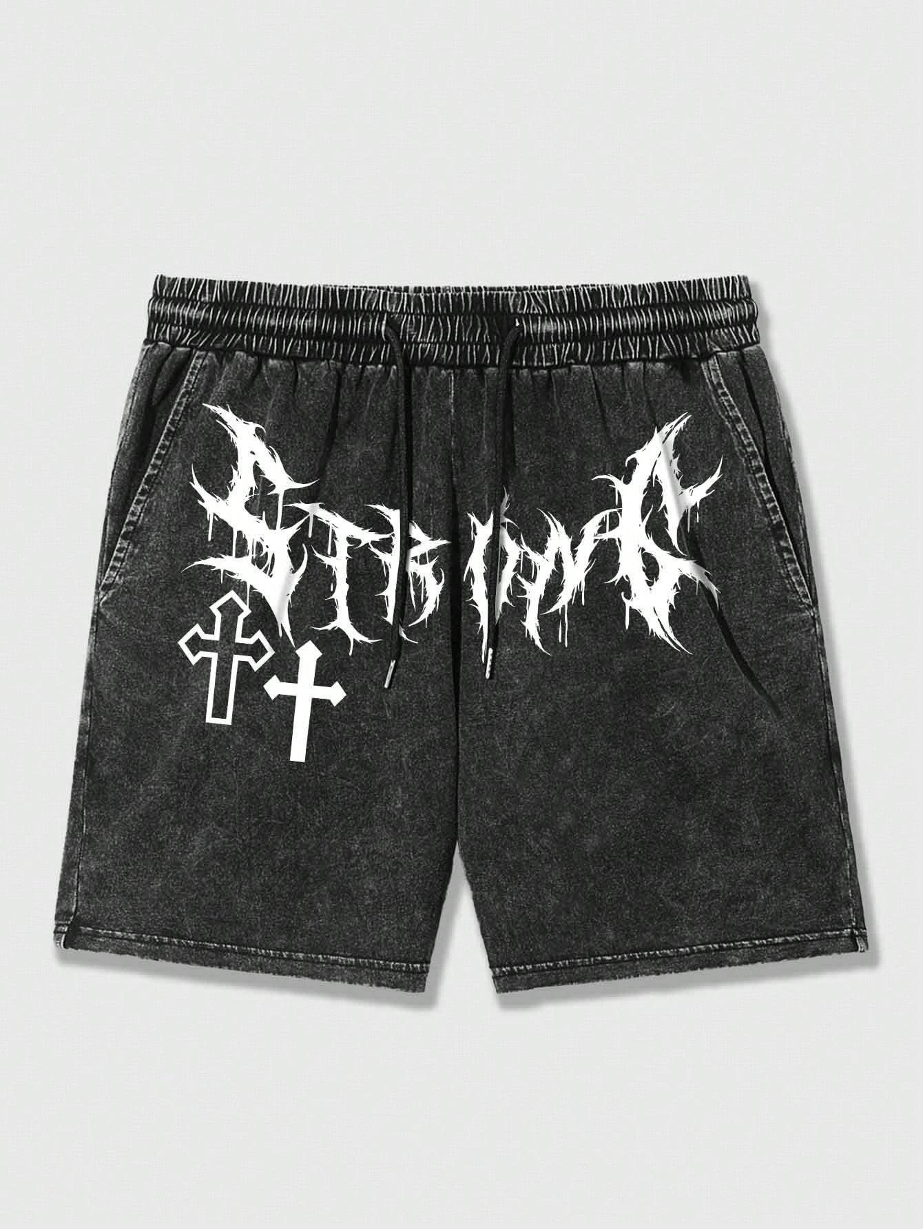 Men's Snow Washed Letter & Cross Printed Shorts, Suitable For Daily Wear In Spring And Summer