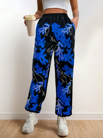 Color Block Lightning Print Patchwork Jogger Pants