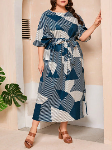 Plus Size Colorblock Striped Geometric Print Batwing Sleeve Dress