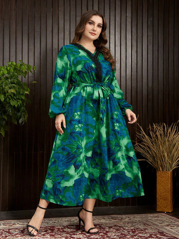 Plus Size Ombre Patchwork Woven Belt Lantern Sleeve Dress