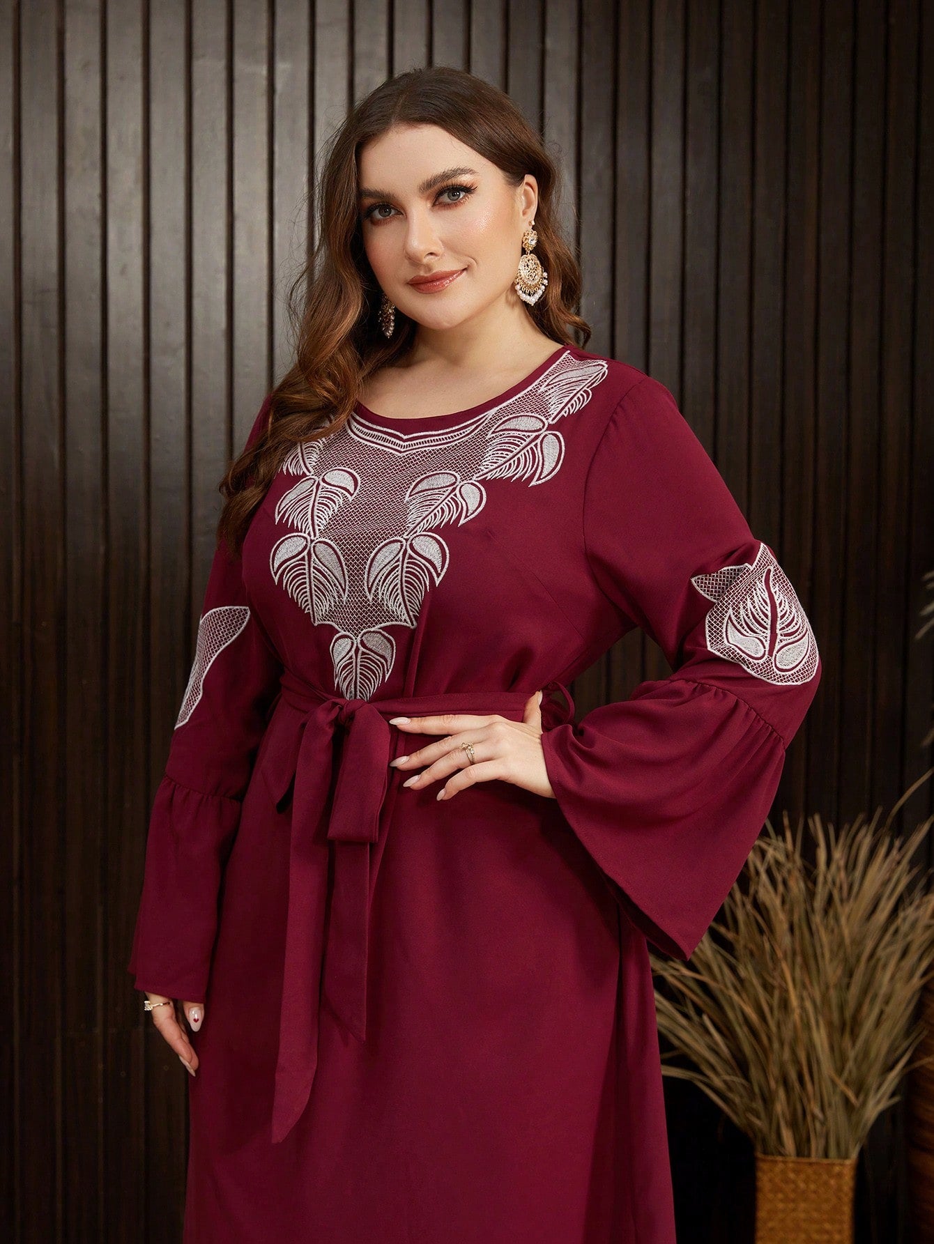 Plus Size Embroidered Detail Round Neck Bell Sleeve Dress