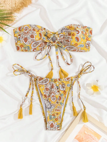 Women's Bikini Set With Paisley Print And Strapless Top